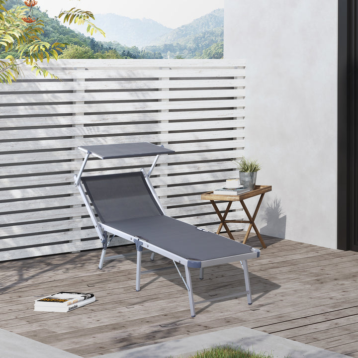 Outsunny Garden Sun Lounger Texteline Chaise Lounge Reclining Chair with Canopy Adjustable Backrest Bed Aluminium Frame - Grey