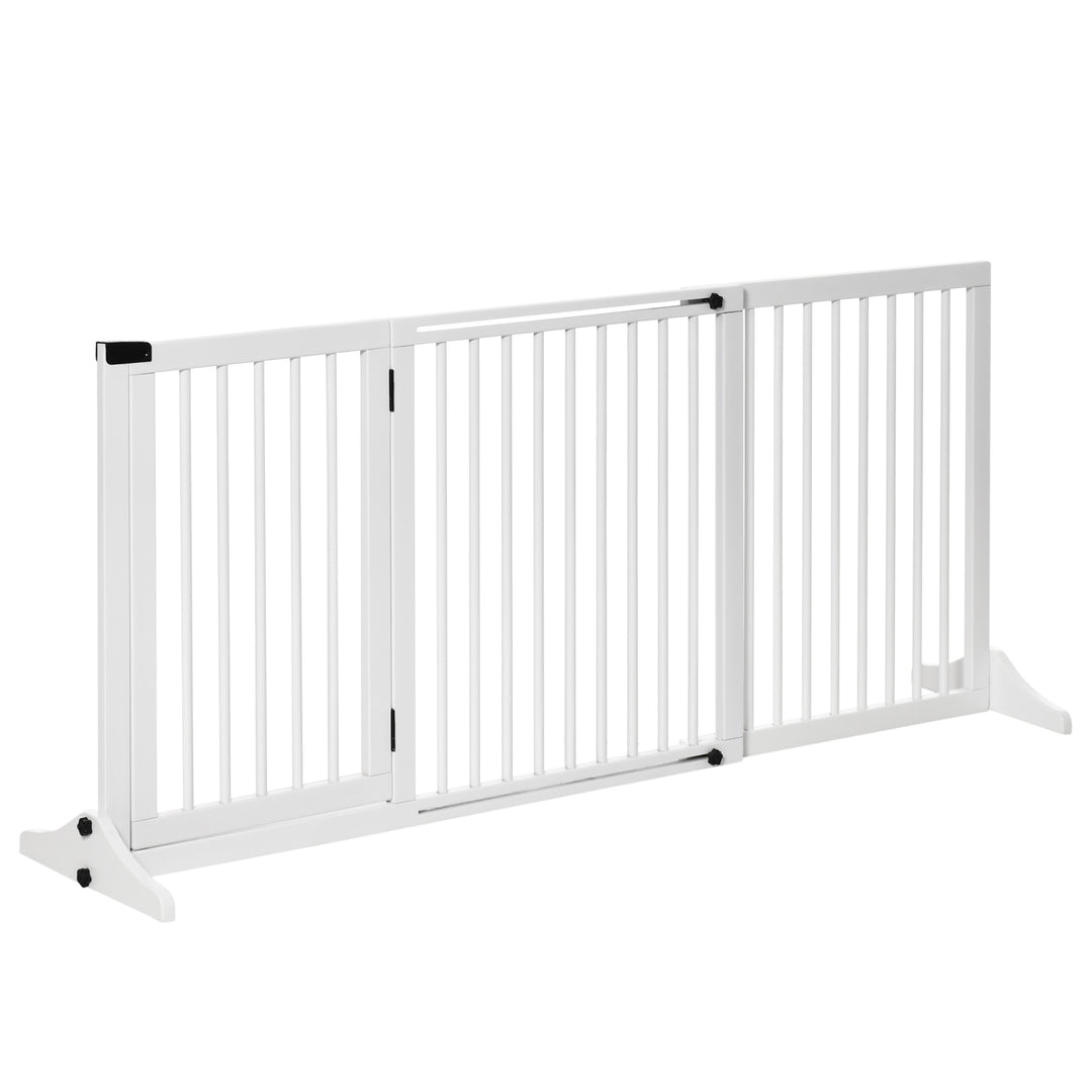 Adjustable Wooden Pet Gate Freestanding Dog Barrier Fence Doorway 3 Panels Safety Gate w/ Lockable Door White 71H x 113-166W cm