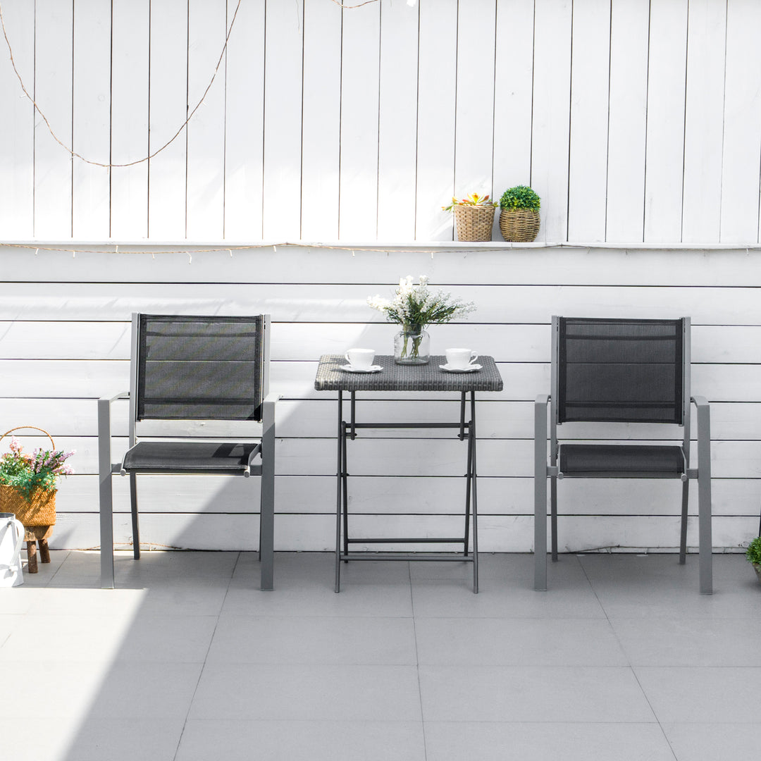 Set Of 2 Outdoor Chairs Square Steel Frame Texteline Seats Foot Caps Mesh Boxy Comfortable Easy Clean Black Grey