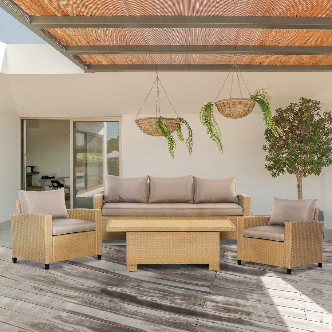 Outsunny 5-Seater Garden PE Rattan Sofa Set, Patio Wicker Aluminium Frame Conversation w/ Wood Grain Plastic Table, Khaki