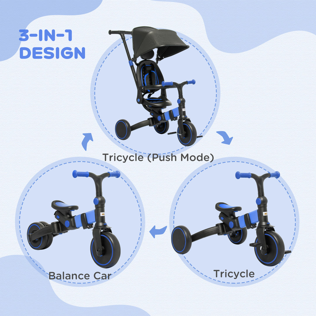 3-in-1 Tricycle for Kids with Aluminium Frame, Baby Trike with Adjustable Push Handle, Canopy and Seat Angle for 18-48 Months, Blue