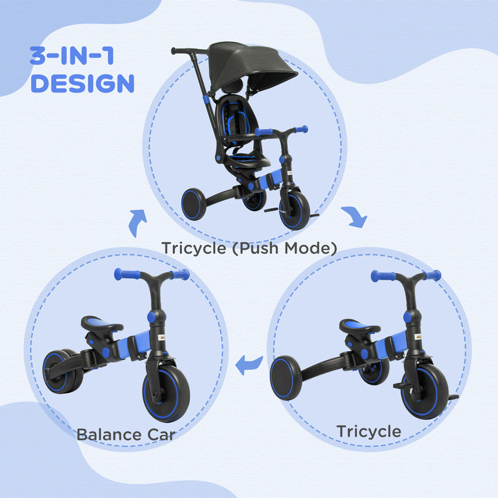3-in-1 Tricycle for Kids with Aluminium Frame, Baby Trike with Adjustable Push Handle, Canopy and Seat Angle for 18-48 Months, Blue