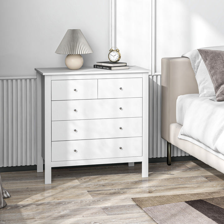 Modern Chest of Drawers, 5 Drawer Storage Cabinet with Metal Handles and Runners for Bedroom, White