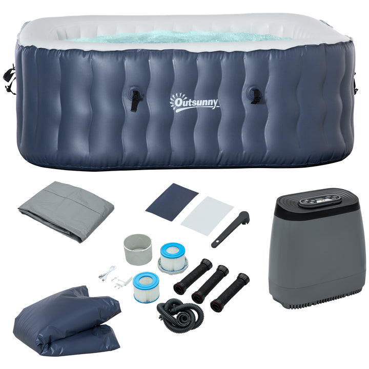 Outsunny Square Hot Tub Inflatable Spa Outdoor Bubble Spa Pool with Pump, Cover, Filter Cartridges, 4-6 Person, Dark Blue