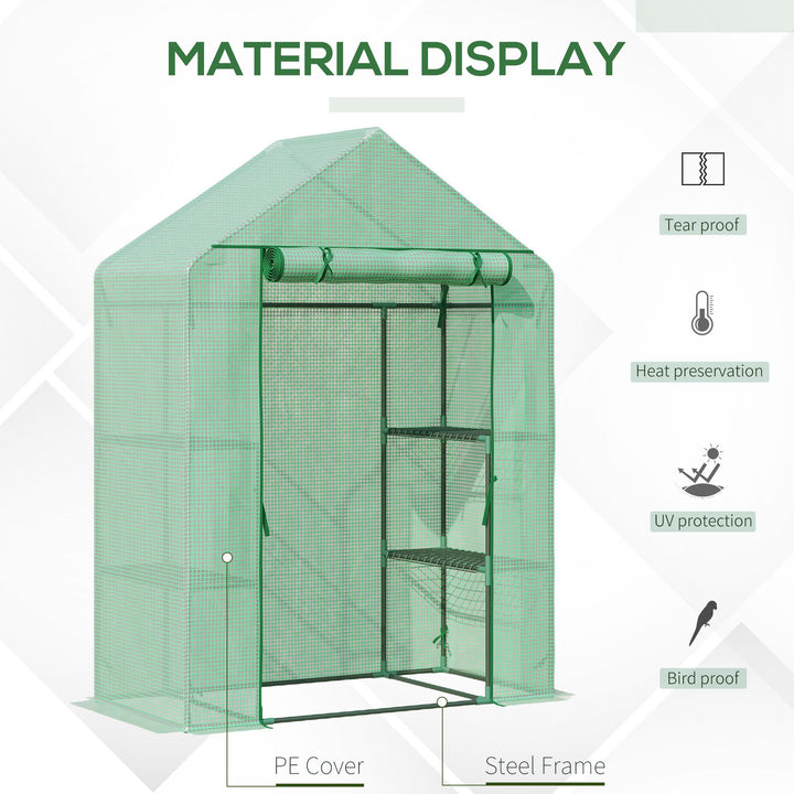 Outsunny Walk-In Greenhouse Portable Gardening Plant Grow House with 2 Tier Shelf, Roll-Up Zippered Door and PE Cover, 141 x 72 x 191 cm