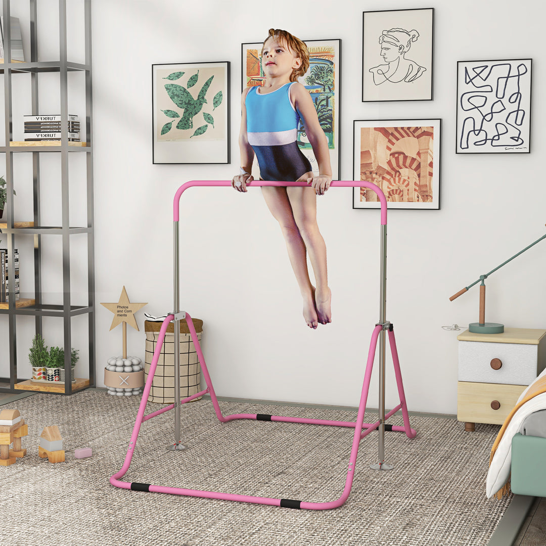 Gymnastics Bar for Kids, Folding Horizontal Bars with Adjustable Height, Training Bar with Triangle Base, Pink