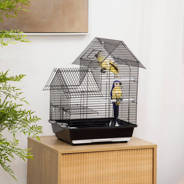 PawHut Metal Bird Cage with Stand for Parrot Cockatiel Budgie Finch Canary Food Containers Swing Ring Tray Handle Small Black 39 x 33 x 47 cm