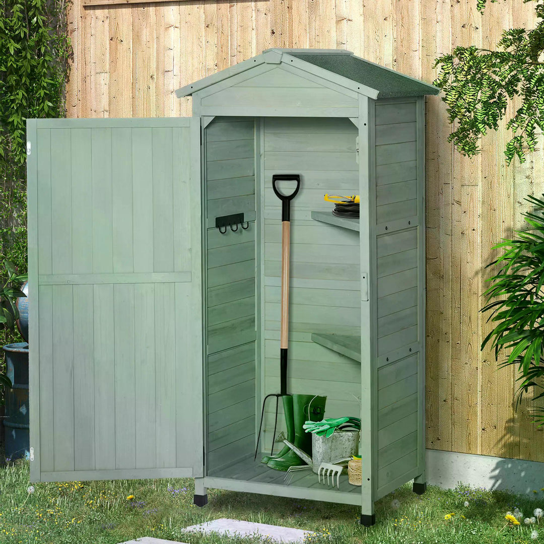 Wooden Garden Cabinet 3-Tier Storage Shed 2 Shelves Lockable Organizer with Hooks Foot Pad 74 x 55 x 155cm Green