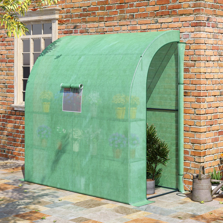 Outsunny Lean to Greenhouses with Windows and Doors 2 Tiers 4 Wired Shelves 200L x 100W x 215Hcm Green