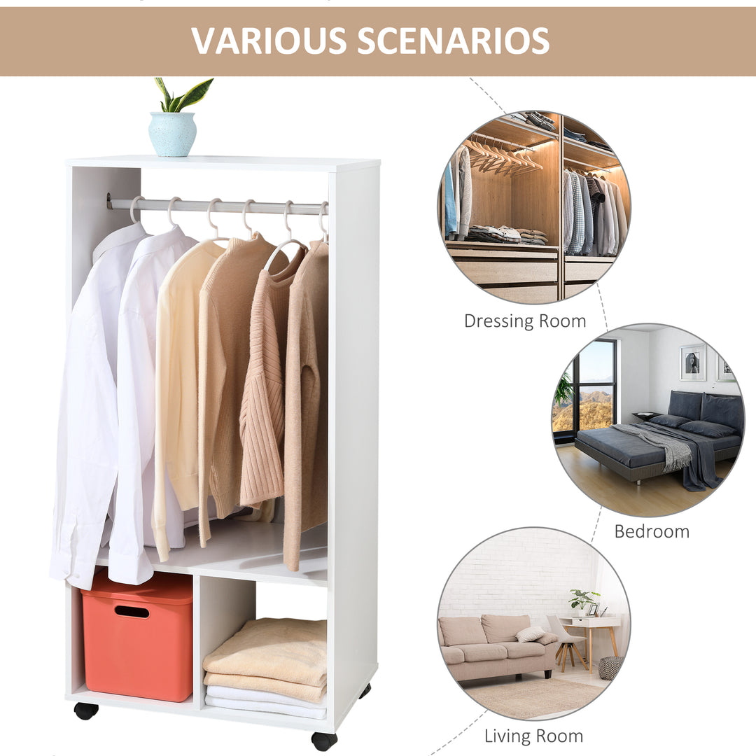 HOMCOM Open Wardrobe with Hanging Rod and Storage Shelves Mobile Garment Rack on Wheels Bedroom, Cloakroom, White