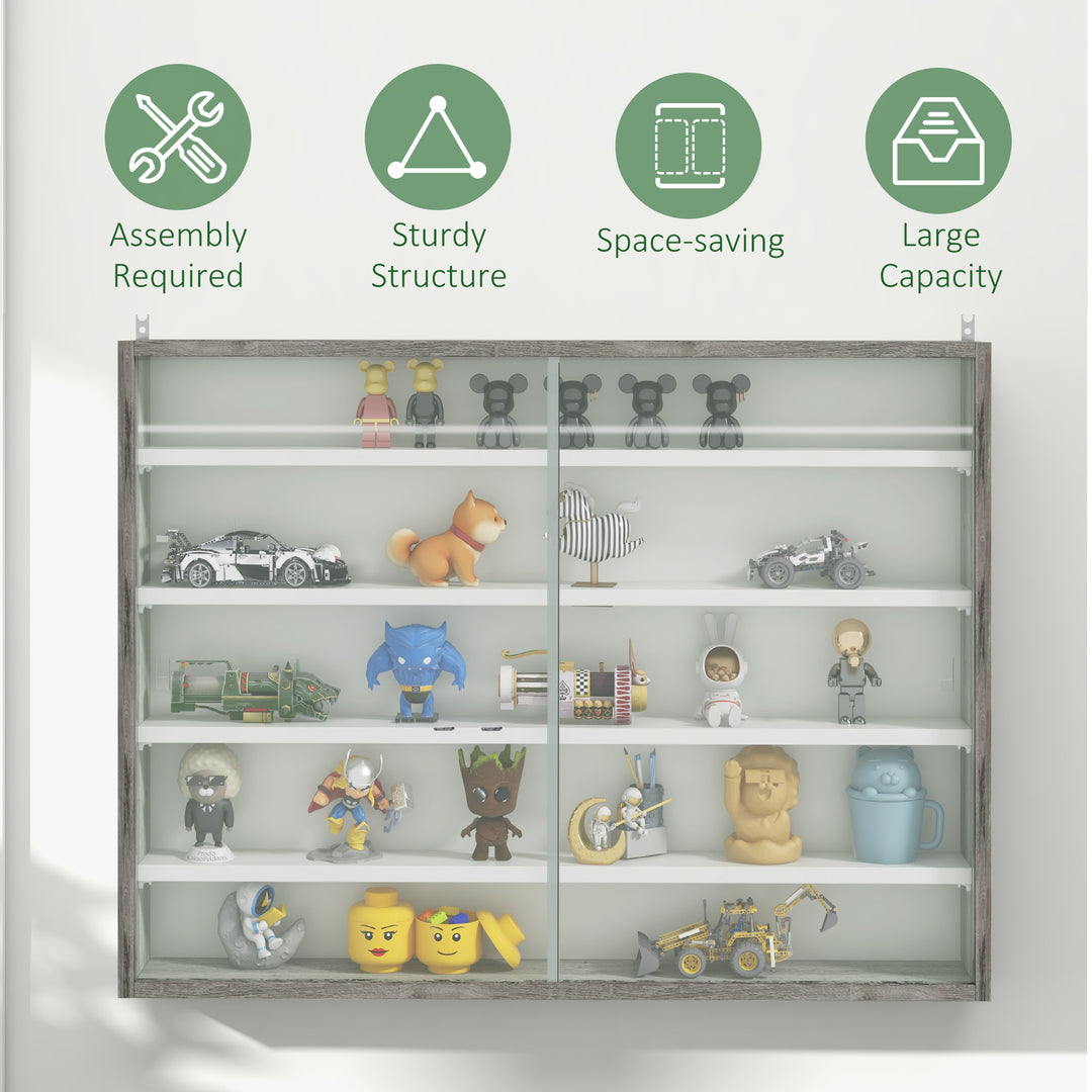 5-Tier Wall Display Shelf Unit Cabinet w/ 4 Adjustable Shelves Glass Doors