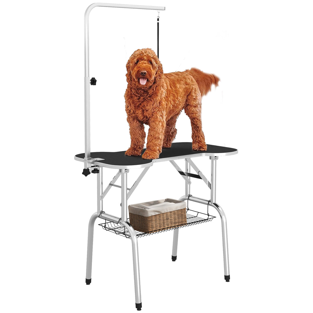 PawHut Foldable Pet Grooming Table Dog Drying Table with Adjustable Arm Non-Slip Rubber Tabletop Aluminium Alloy Edge Stainless Steel Bar Sling Black