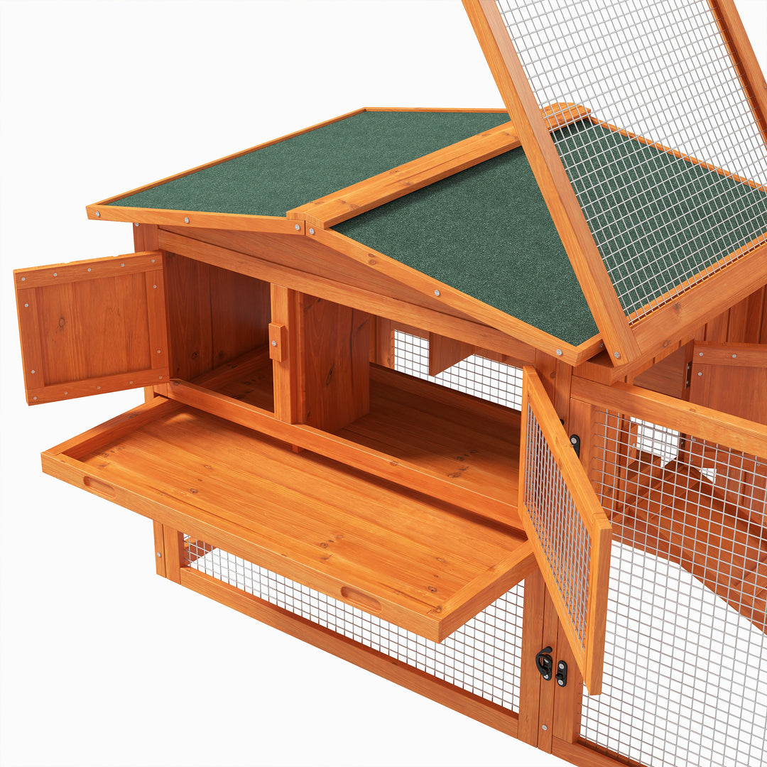 PawHut Rabbit Hutch and Run Outdoor Bunny Cage Wooden Guinea Pig Hide House with Sliding Tray, Hay Rack, Ramp, 156 x 58 x 68cm