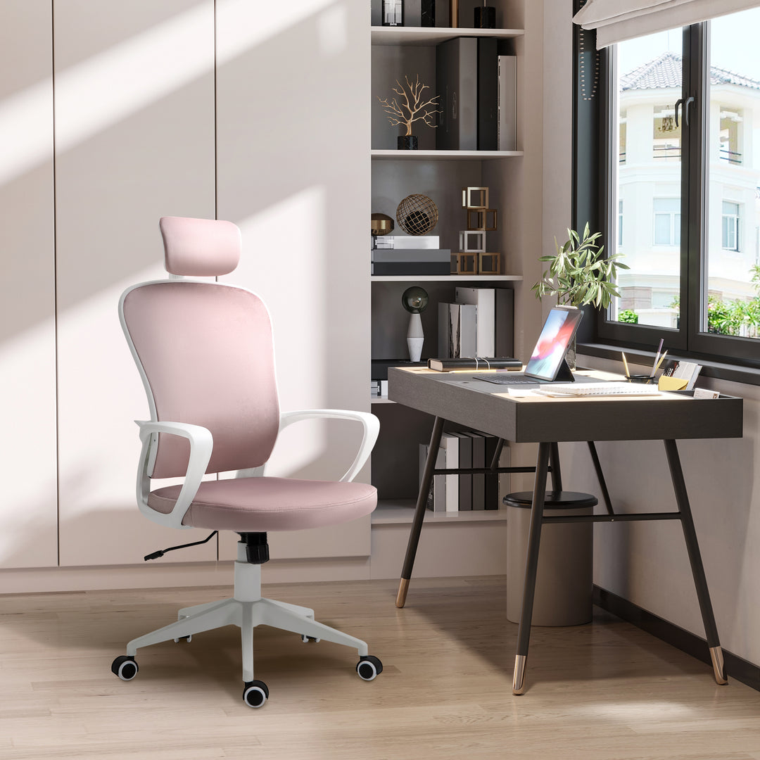 Vinsetto High-Back Office Chair Velvet Style Fabric Computer Home Rocking with Wheels, Rotatable Liftable Headrest, Pink