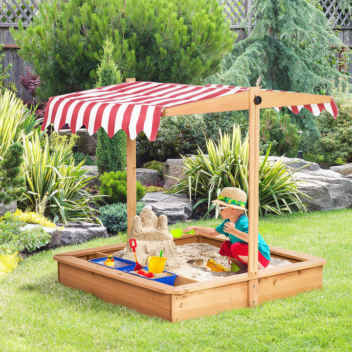 Kids Wooden Sandbox, Children Sand Play Station Outdoor with Adjustable Height Cover, Bottom Liner, Seat, Plastic Basins, Aged 3-7 Years Old