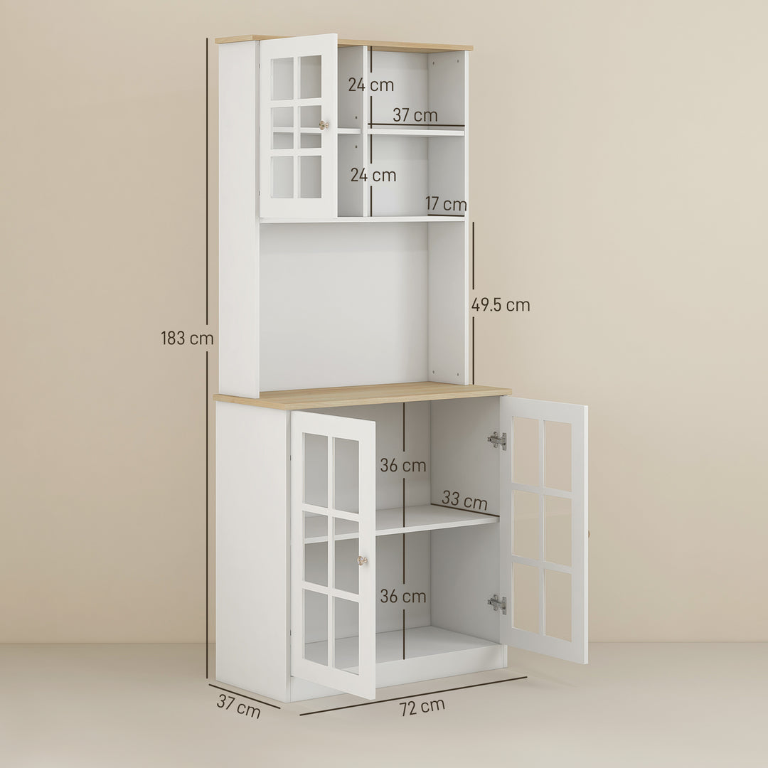 Kitchen Cupboard  Sideboard Storage Cabinet Unit w/ Counter Top Grid Glass Doors Shelves  80L x 37W x 183H cm - White