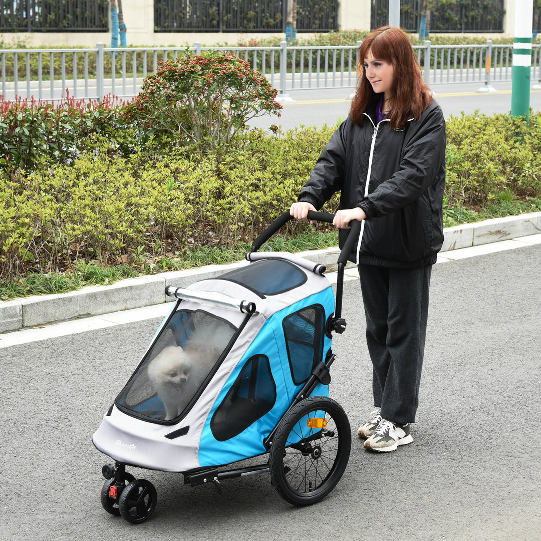 Dog Bike Trailer 2-IN-1 Steel Pet Cart Carrier for Bicycle with 360° Rotatable Front Wheel Reflectors Straps Cup Holder Water Resistant Blue