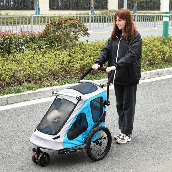 Dog Bike Trailer 2-IN-1 Steel Pet Cart Carrier for Bicycle with 360° Rotatable Front Wheel Reflectors Straps Cup Holder Water Resistant Blue