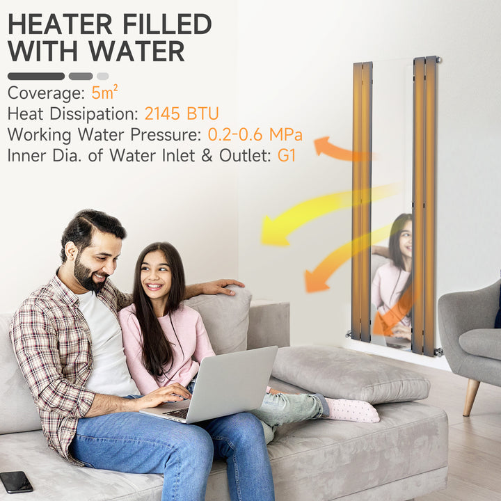 180 x 60cm Space Heater with Middle Mirror, Water-filled Heater for Home, Single-layer Horizontal Designer Radiators Quick Warm up Living room
