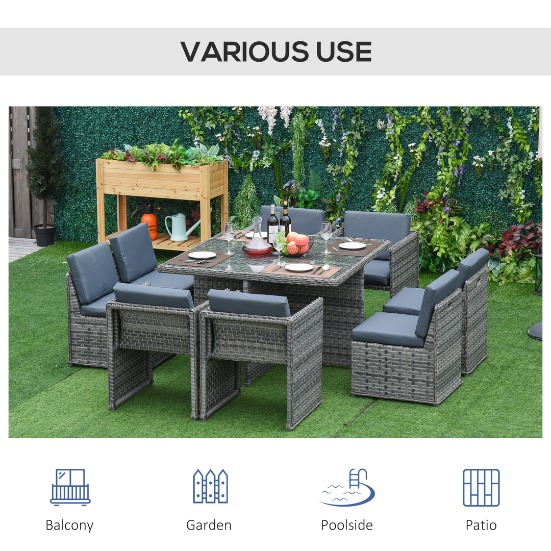 Outsunny Patio 8-Seater Rattan Dining Table Chair Set Garden Wicker Cube Sofa Furniture w/ Umbrella Hole Table for Indoor &amp; Outdoor Mixed Grey