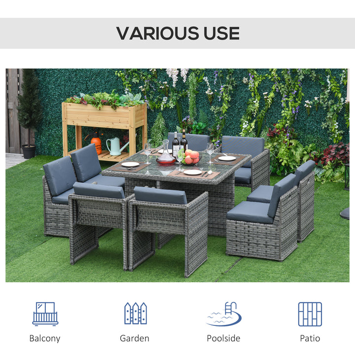 Outsunny Patio 8-Seater Rattan Dining Table Chair Set Garden Wicker Cube Sofa Furniture w/ Umbrella Hole Table for Indoor &amp; Outdoor Mixed Grey