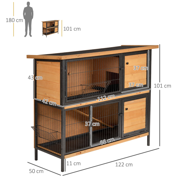 2-Floor Wooden Rabbit Hutch Bunny Cage Metal Frame Pet House with Slide-Out Tray Feeding Trough Ramp Lockable Door Openable Roof