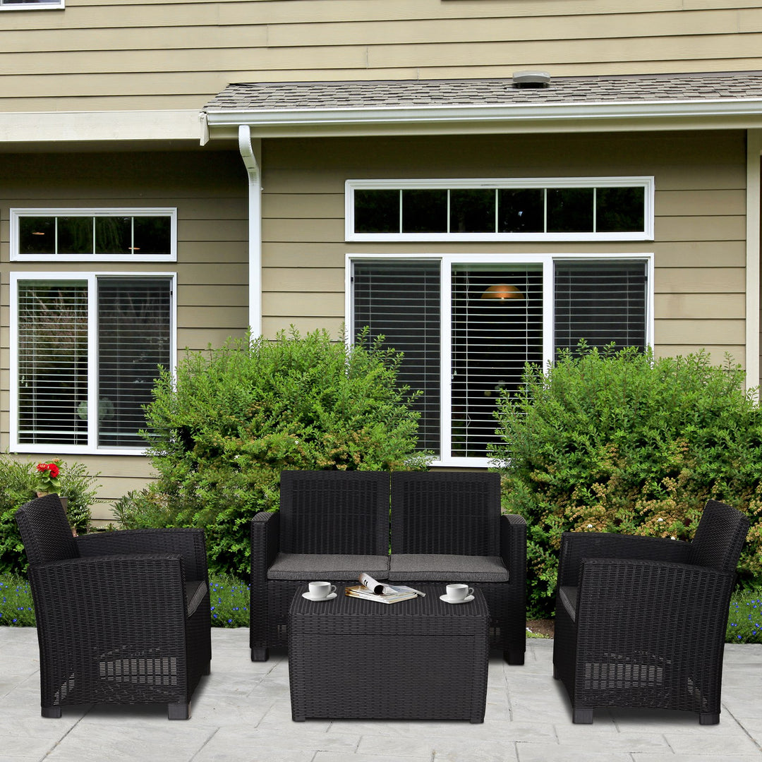 Garden PP Rattan Style Sofa Table Set 4 Seater Outdoor Patio 2 Single Chairs &amp; 1 Bench Conservatory Furniture Cushioned Black