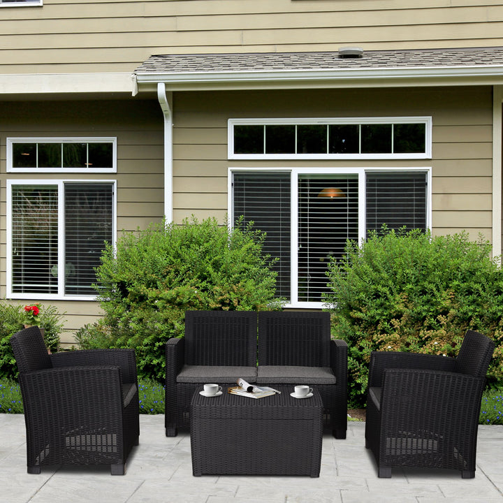 Garden PP Rattan Style Sofa Table Set 4 Seater Outdoor Patio 2 Single Chairs &amp; 1 Bench Conservatory Furniture Cushioned Black