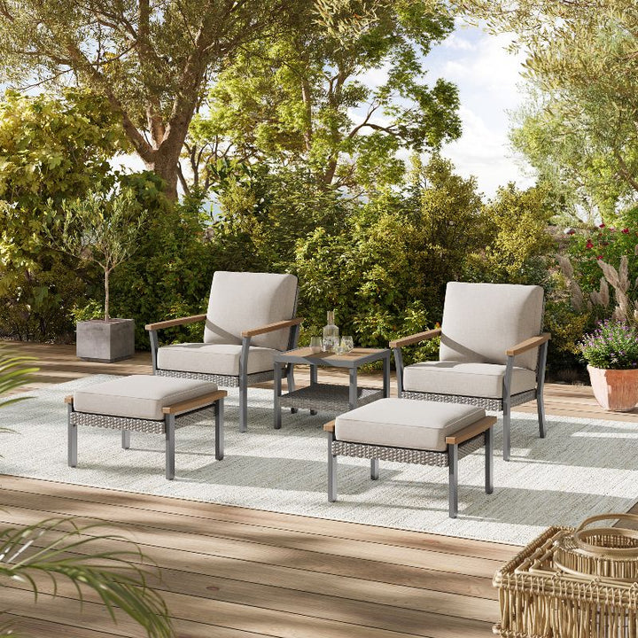 Sencillo Collection - 5 Piece Patio Furniture Set, 2 Lounge Chairs, 2 Ottomans, 1 Coffee Table