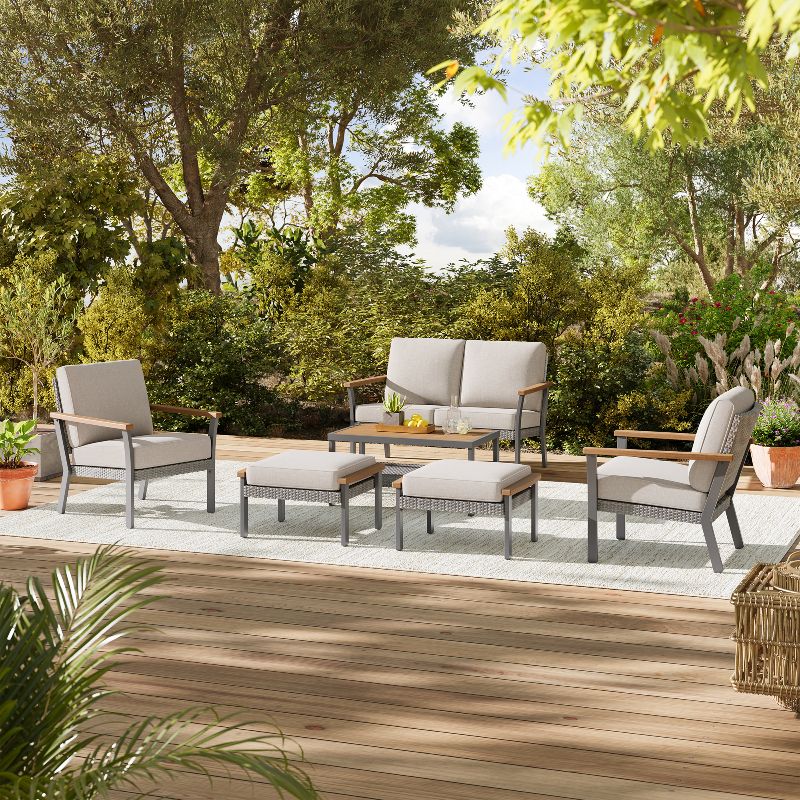 Sencillo Collection - 6 Piece Patio Furniture Set, 1 Coffee Table, 1 Loveseat, 2 Lounge Chairs and 2 Ottomans