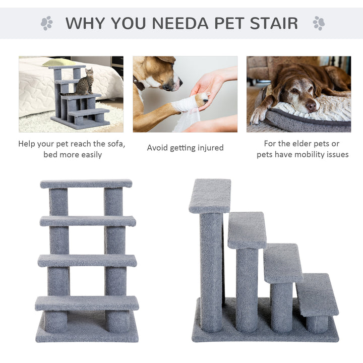 PawHut Pet Stairs 4 Steps for Sofa Tall Bed Dog Cat Little Older Animal Climb Ladder Portable Pet Access Assistance 63.5x43x60cm Grey