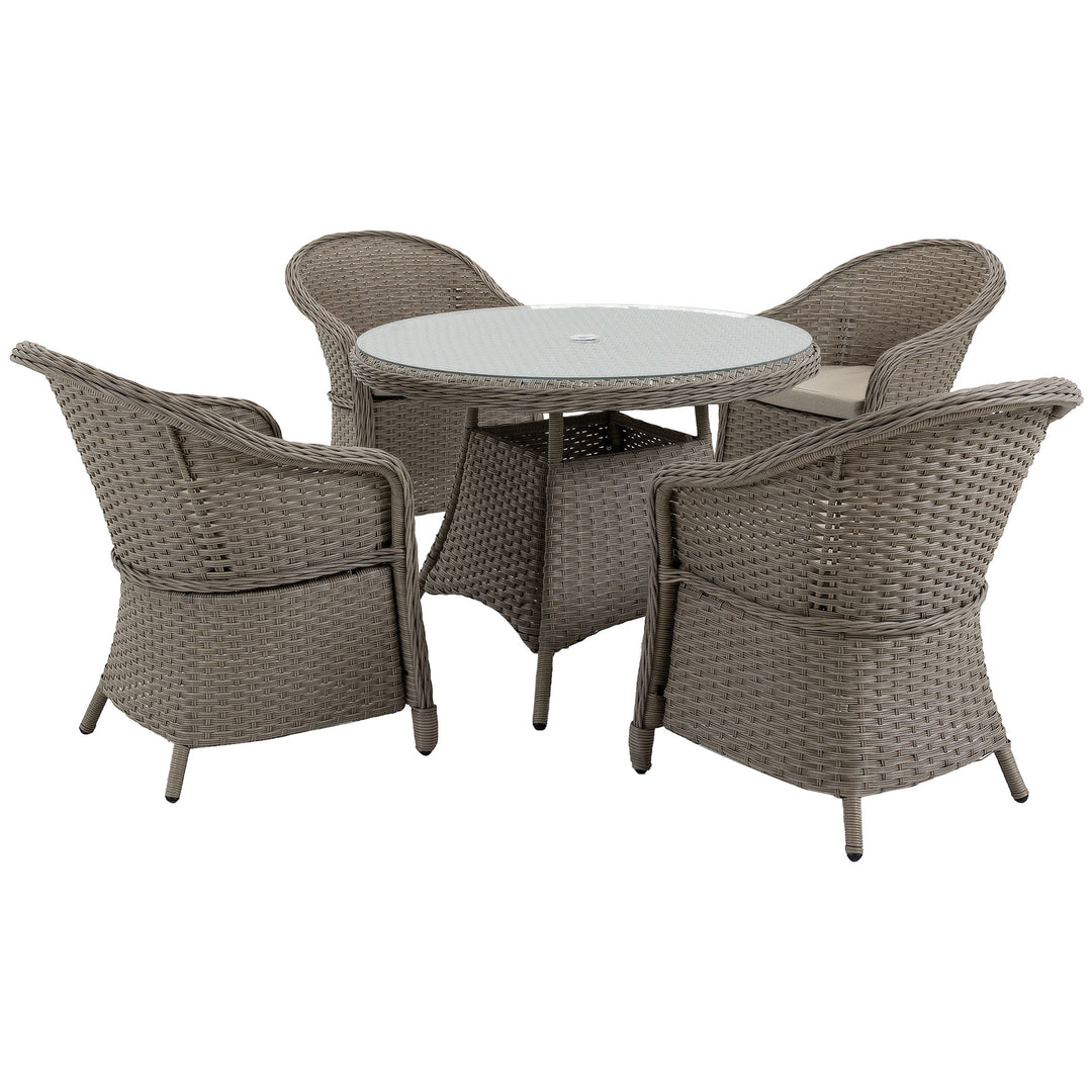 5 Pieces Outdoor Patio PE Rattan Dining Set, Four Seater Garden Furniture - 4 Chairs & Round Table w/ Umbrella Hole, Mixed Grey