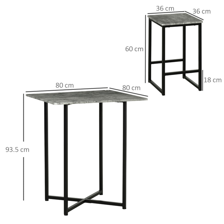 Square Bar Table with Stools, Concrete Effect 5 Pieces Small Kitchen Table and Chairs Set for 4 People, with Steel Frame and Footrest, Grey