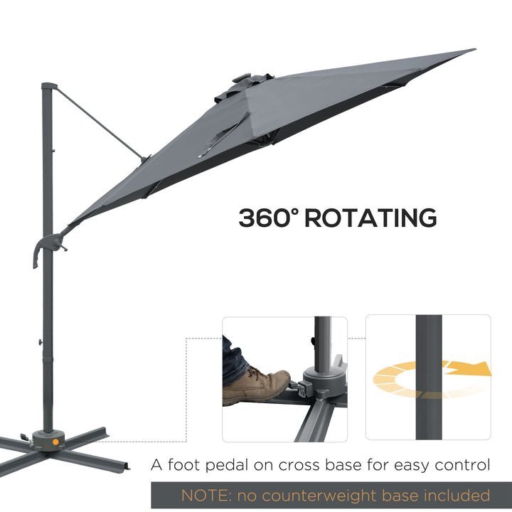 3(m) Square Outdoor Umbrella Patio Sun Umbrella with Crank & Tilt LED Solar Light Cross Base 360° Rotating Outdoor, Dark Grey