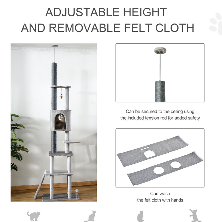 PawHut 255cm Cat Climbing Tree Adjustable Kitty Activity Center Floor-to-Ceiling Cat Climber Toy with Double Condo Play Rest Post Light Grey