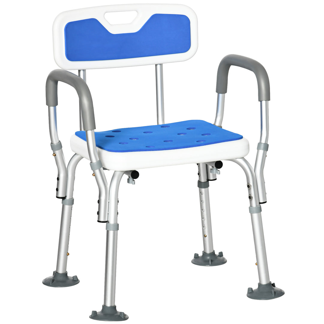 EVA Padded Shower Chair for the Elderly and Disabled, Height Adjustable Shower Stool with Back and Arms, 4 Suction Foot Pads, Blue