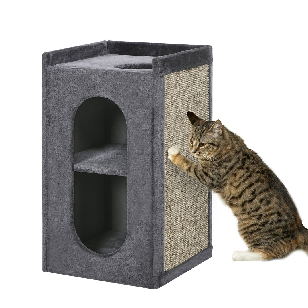 81 cm Cat Scratching Barrel with 2 Cat Condos, Cat Play Tower with Scratching Pad, Cat Scratching Tree for Indoor Cats, Grey