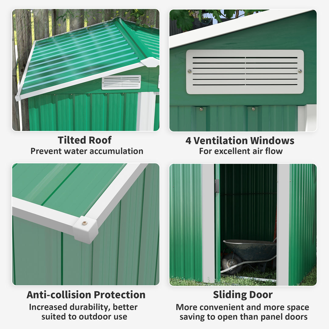 Garden Metal Tool Storage Shed with Sliding Door, 152 x 132 x 188cm, Green