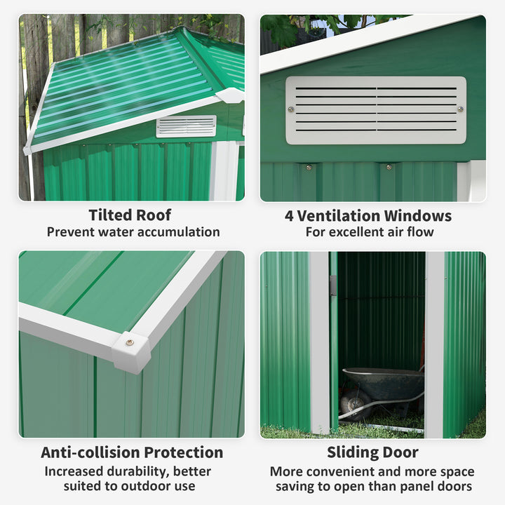 Garden Metal Tool Storage Shed with Sliding Door, 152 x 132 x 188cm, Green