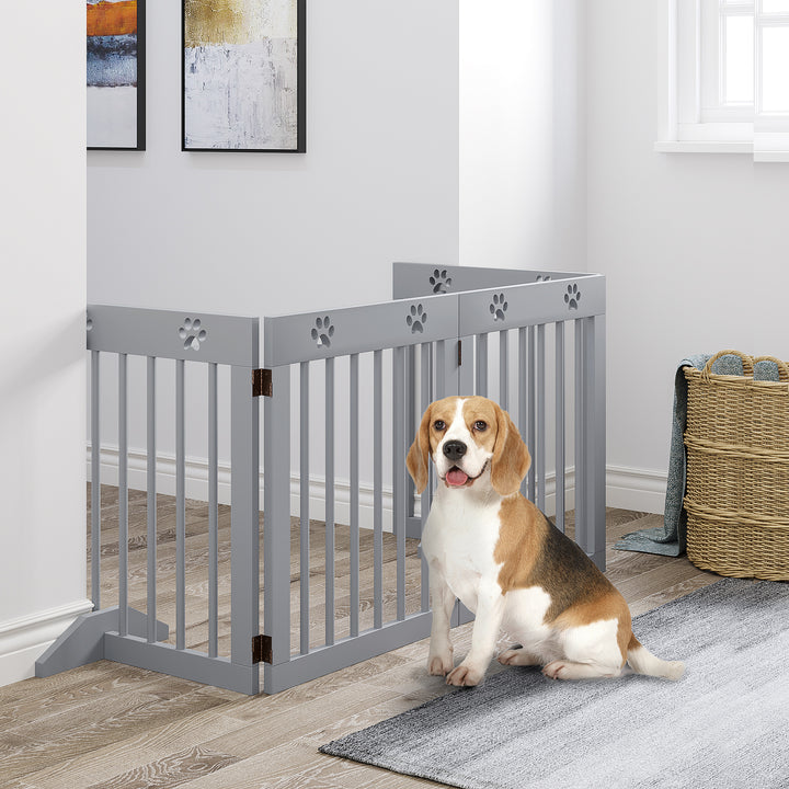 PawHut Pet Gate 4 Panel Wooden Dog Barrier Freestanding Folding Safety Fence with Support Feet up to 204cm Long 61cm Tall Light Grey