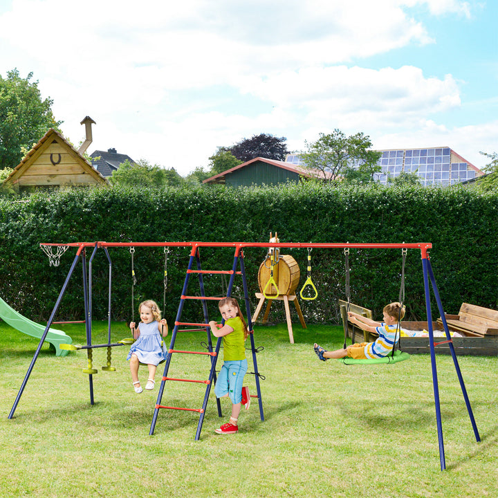 Metal Garden Swing Set, Climbing Frame, Glider, Trapeze Bar, Basketball Hoop