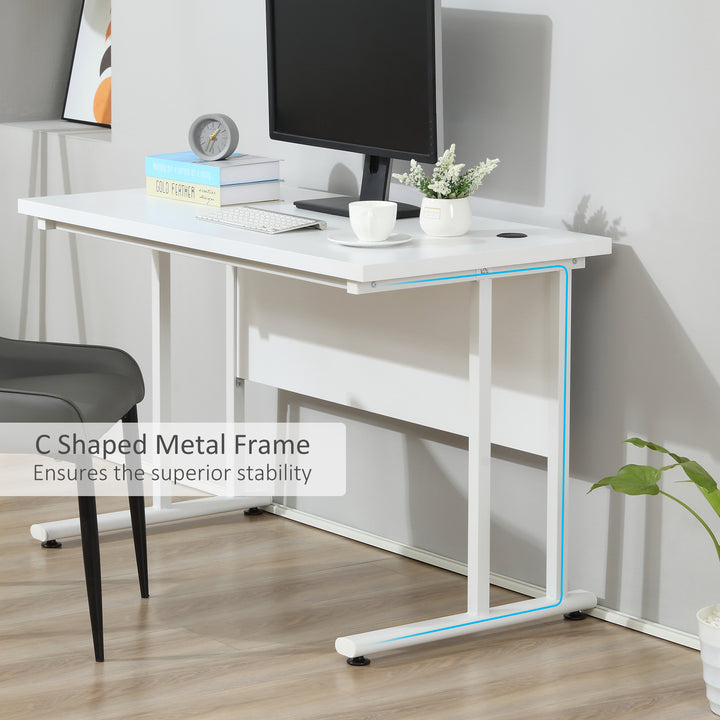 Computer Desk, Home Office Desk, Writing Table, 120x60x75cm Laptop Workstation with 2 Cable Management Holes, C Shaped Metal Legs, White