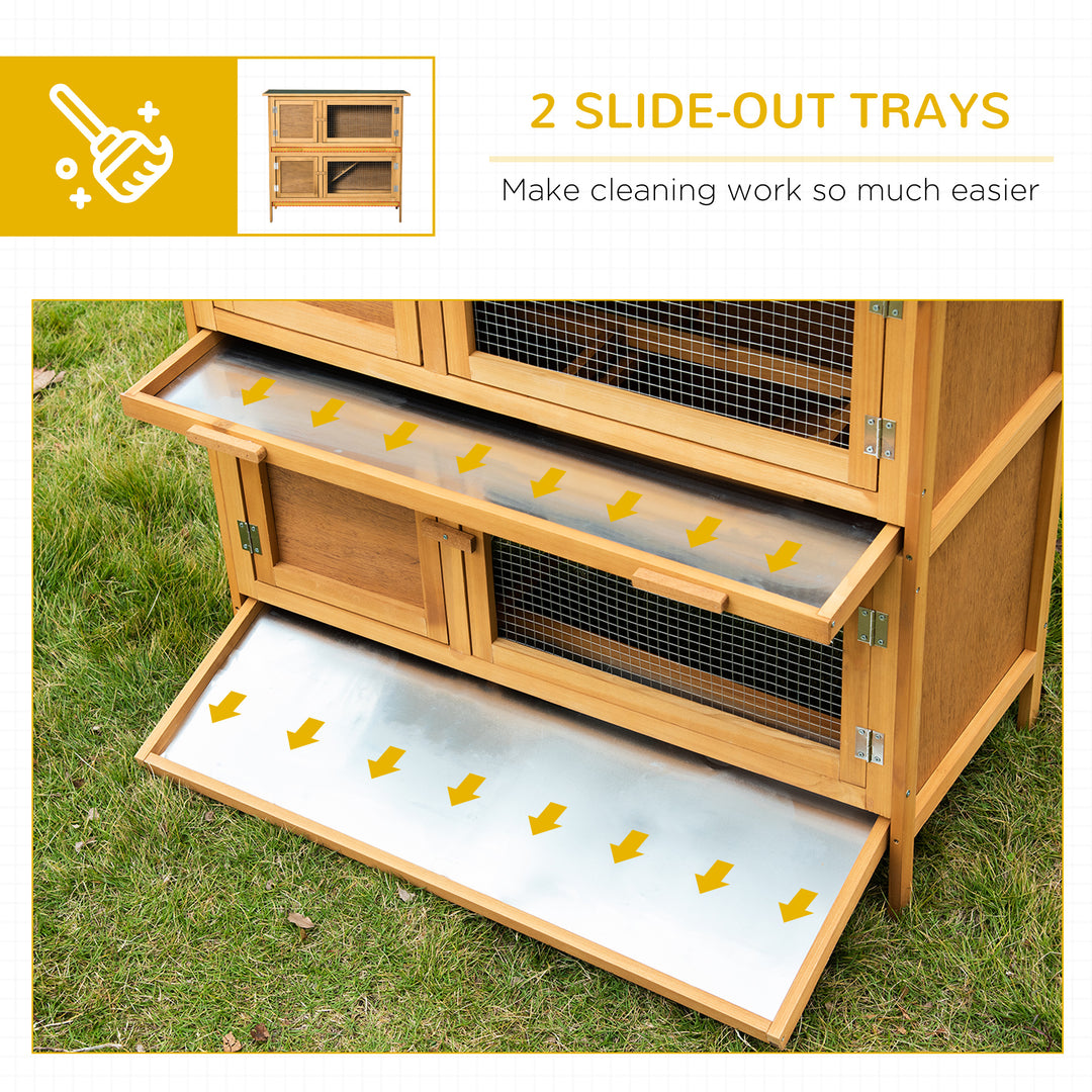Double Decker Rabbit Hutch 2-Tier Guinea Pig House Pet Cage Outdoor with Sliding-out Tray Asphalt Roof Ramp, 100x47x91cm, Yellow