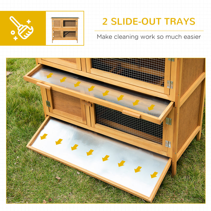 Double Decker Rabbit Hutch 2-Tier Guinea Pig House Pet Cage Outdoor with Sliding-out Tray Asphalt Roof Ramp, 100x47x91cm, Yellow