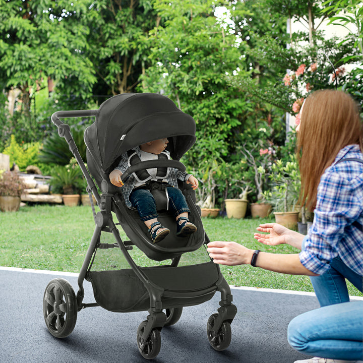 HOMCOM 2 in 1 Lightweight Pushchair w/ Reversible Seat, Foldable Travel Baby Stroller w/ Fully Reclining From Birth to 3 Years, 5-point Harness Black