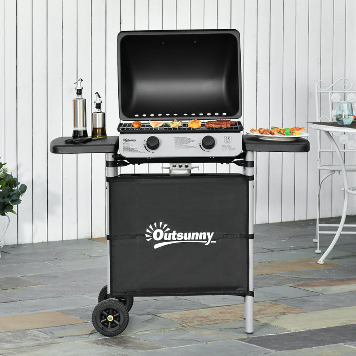 2 Burner Gas Barbecue Grill Propane Gas Cooking BBQ Grill 5.6 kW with Side Shelves Wheels