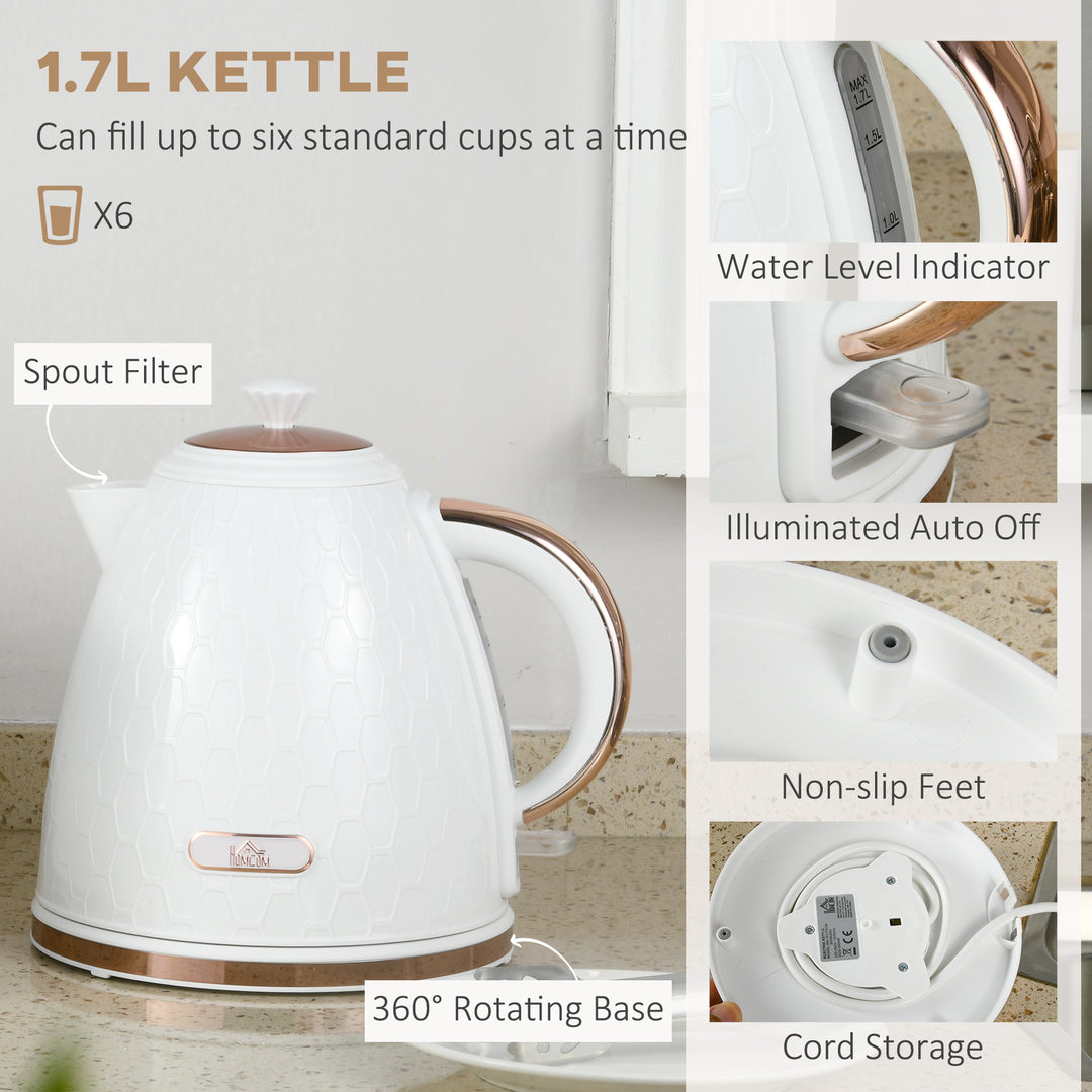 Fast Boil Kettle & 2 Slice Toaster Set, Kettle and Toaster with Auto Shut Off, Browning Controls, 1.7L 3000W White