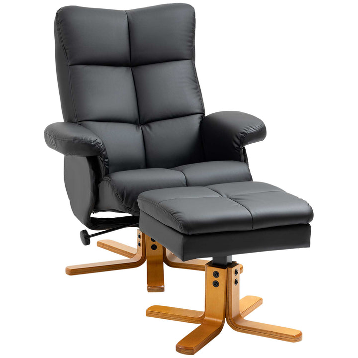 Faux Leather Swivel Recliner Chair with Footstool, Wooden Base and Storage for Living Room, Black