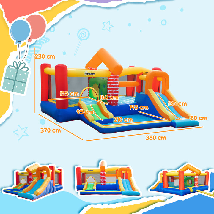 Outsunny 4 in 1 Kids Bounce Castle Extra Large Double Slides & Trampoline Design Inflatable House Pool Climbing Wall for Kids Age 3-8, 3.8x3.7x2.3m