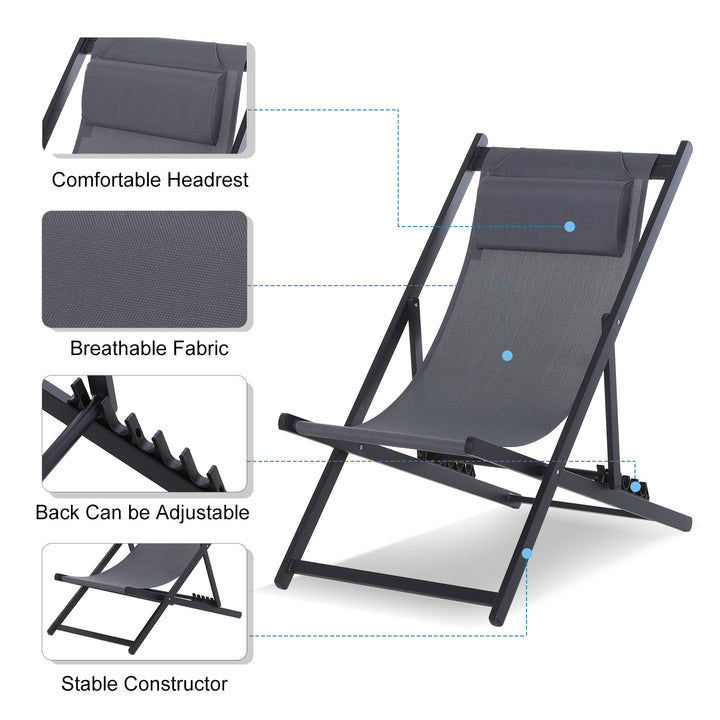 Set of 2 Folding Garden Beach Deck Chairs Deckchairs Seaside Folding Garden Patio Lounger, Grey